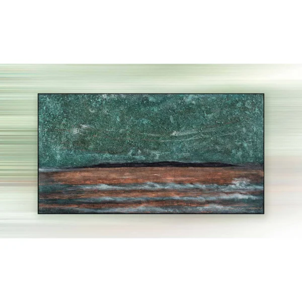 Wide Teal Sea and Rust Shore Textured Wall Art, 150 x 80 cm in blue — in a room setting