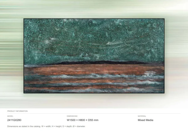 Wide Teal Sea and Rust Shore Textured Wall Art, 150 x 80 cm in blue — dimensions