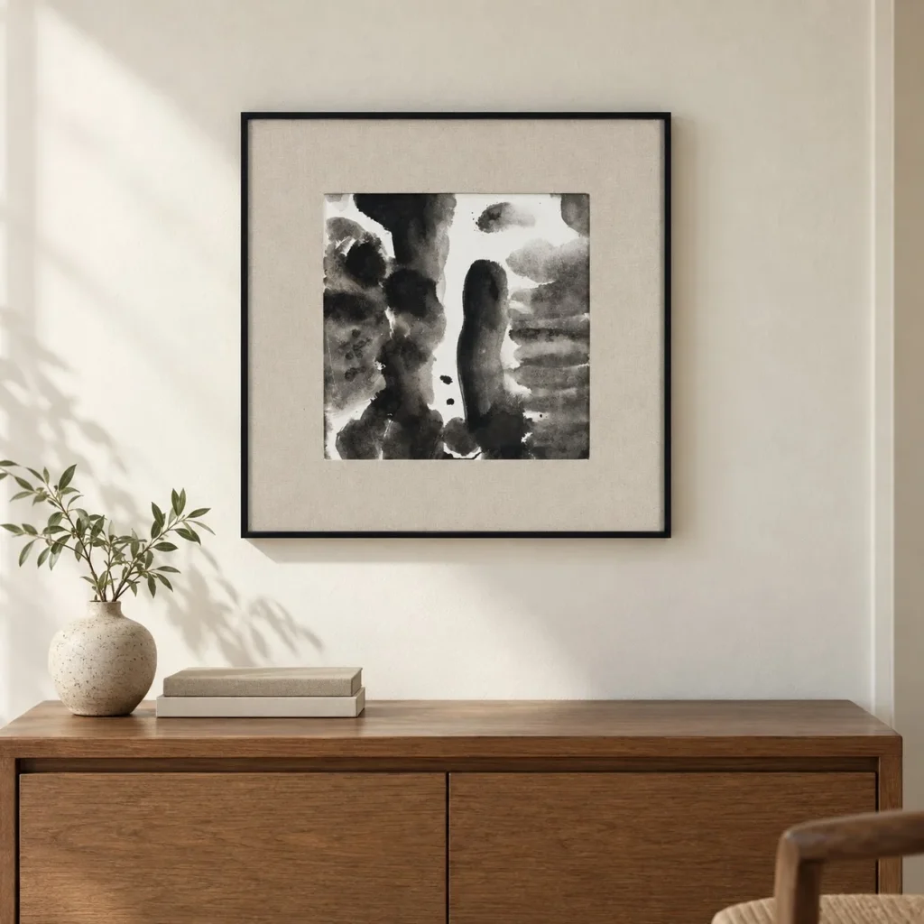 Small Ink Wash Figures in Black Frame, 40 x 40 cm — front view