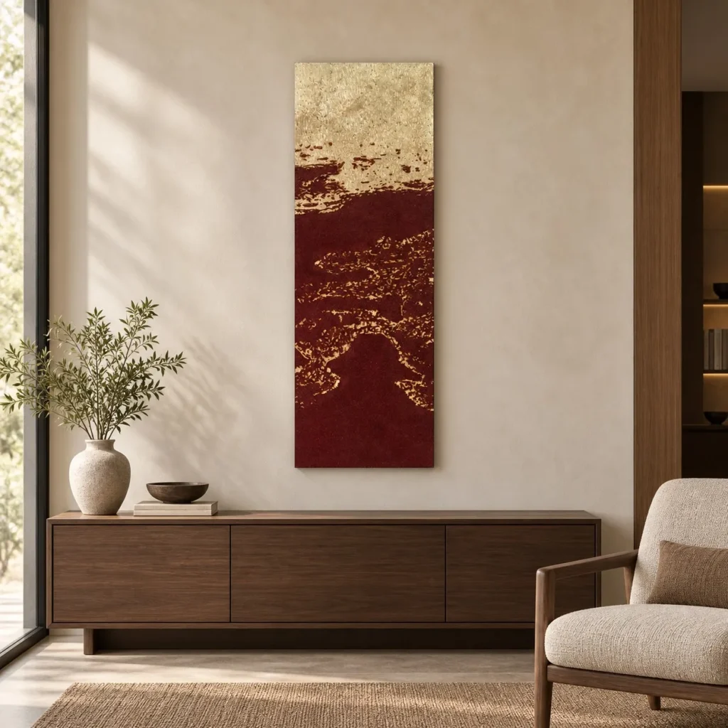 Tall Burgundy and Gold Leaf Panel, 40 x 120 cm in burgundy — front view