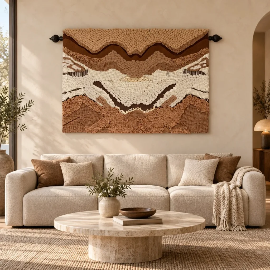 Woven Landscape Fibre Wall Hanging in rust — front view