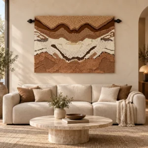 Woven Landscape Fibre Wall Hanging in rust — front view