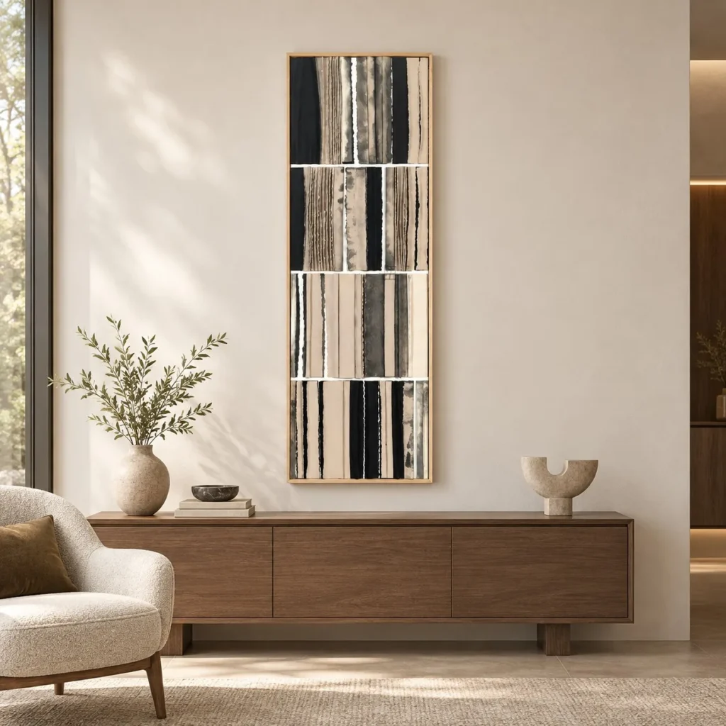 Tall Striped Grid Panel in oatmeal — front view
