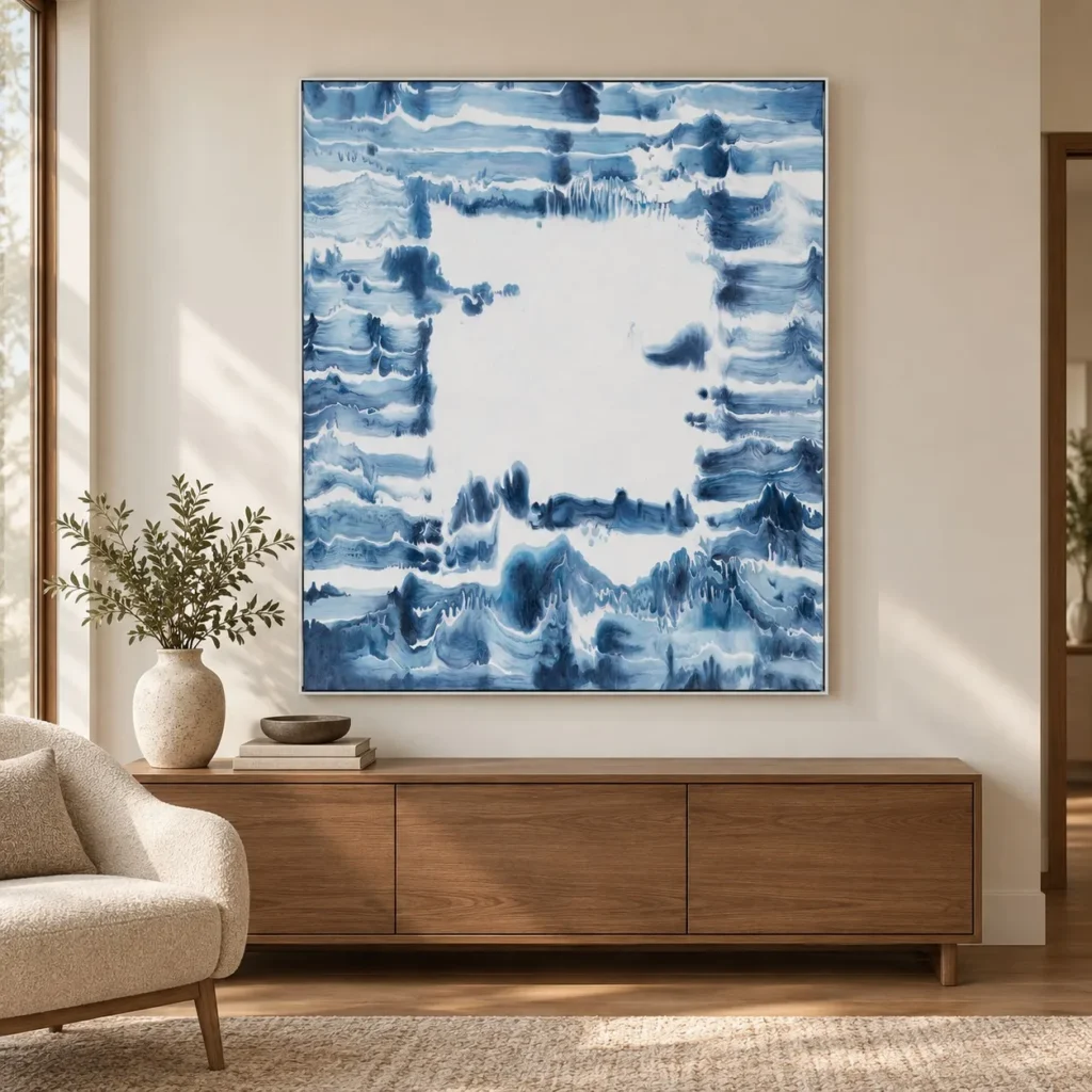Indigo Dye Wash Painting with White Centre, 100 x 120 cm in blue — front view
