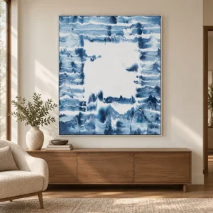 Indigo Dye Wash Painting with White Centre, 100 x 120 cm in blue — front view