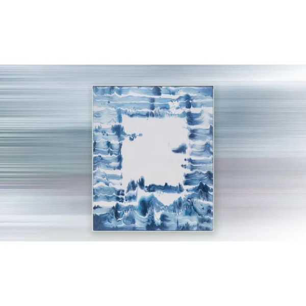Indigo Dye Wash Painting with White Centre, 100 x 120 cm in blue — in a room setting