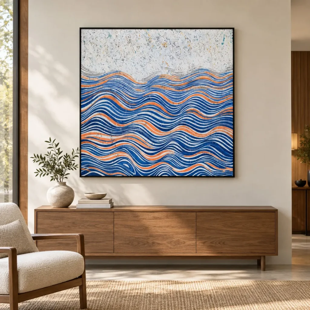 Blue Wave Lines Under Speckled Sky Painting, 120 x 120 cm in blue — front view