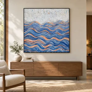 Blue Wave Lines Under Speckled Sky Painting, 120 x 120 cm in blue — front view