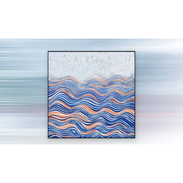Blue Wave Lines Under Speckled Sky Painting, 120 x 120 cm in blue — in a room setting