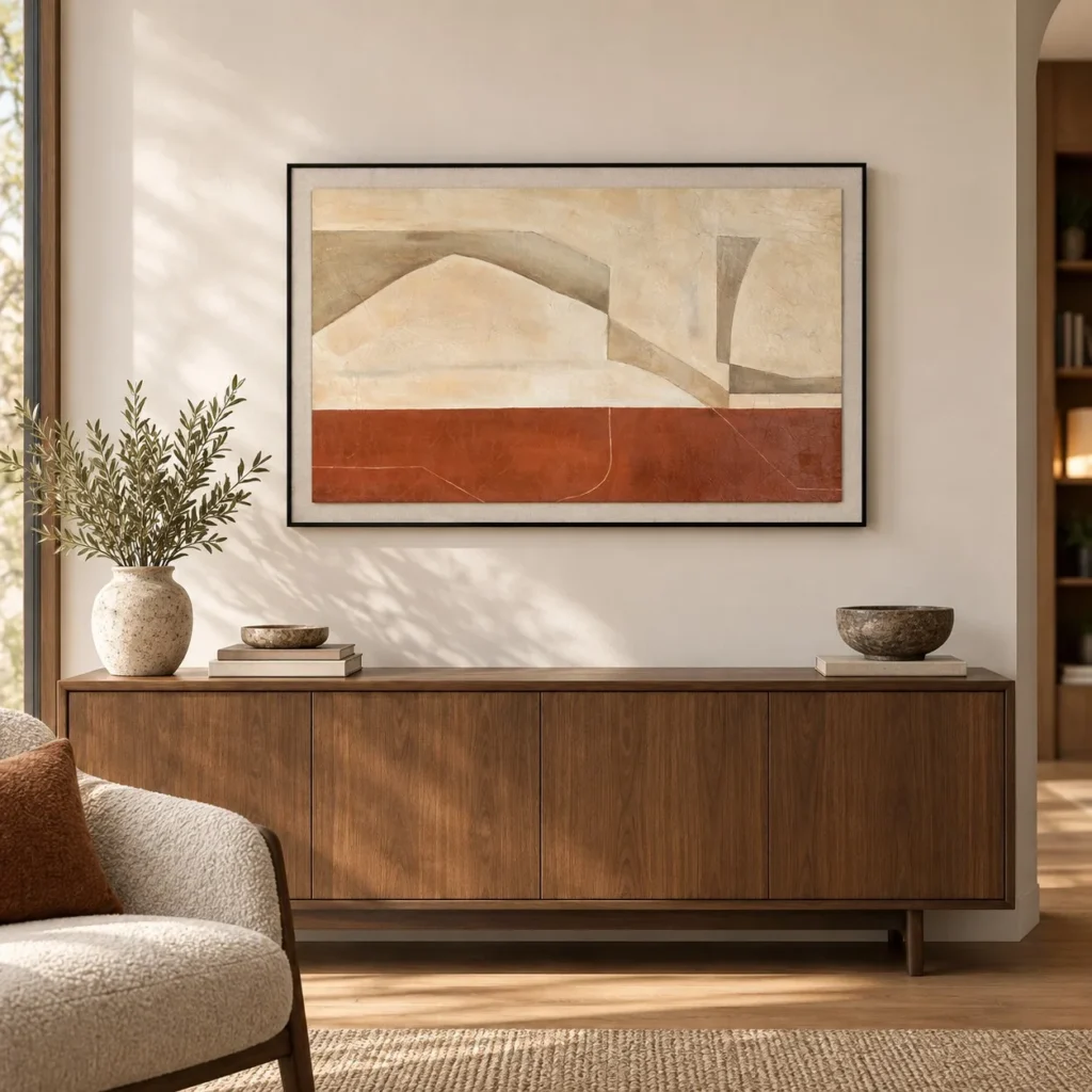Sand and Rust Landscape Painting in Black Frame, 80 x 50 cm — front view
