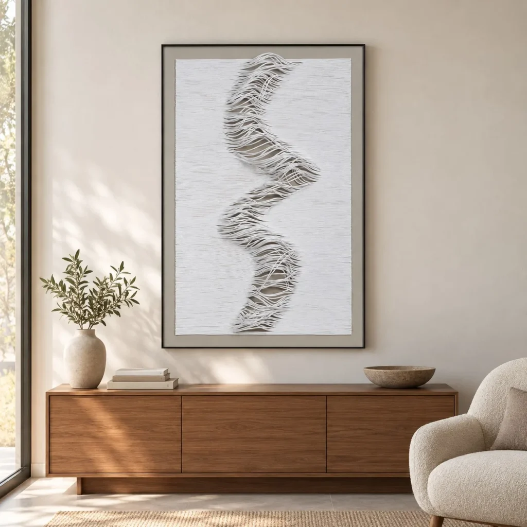 White Thread Wave Relief in Black Frame, 80 x 120 cm — front view