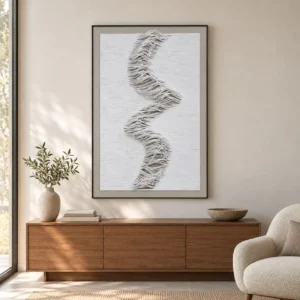 White Thread Wave Relief in Black Frame, 80 x 120 cm — front view