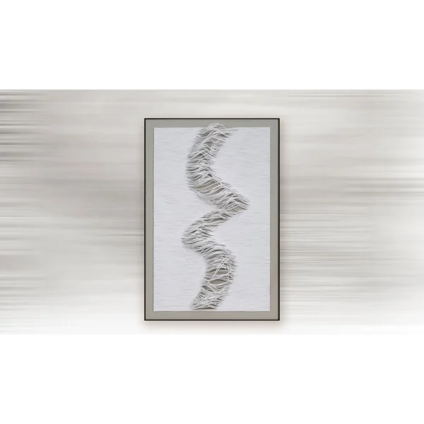White Thread Wave Relief in Black Frame, 80 x 120 cm — in a room setting