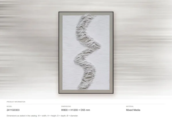 White Thread Wave Relief in Black Frame, 80 x 120 cm — dimensions