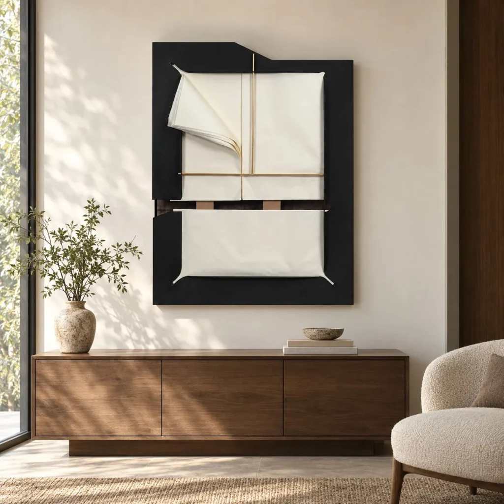 Folded Canvas Relief on Black, 90 x 118 cm in oatmeal — front view