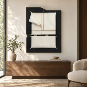 Folded Canvas Relief on Black, 90 x 118 cm in oatmeal — front view