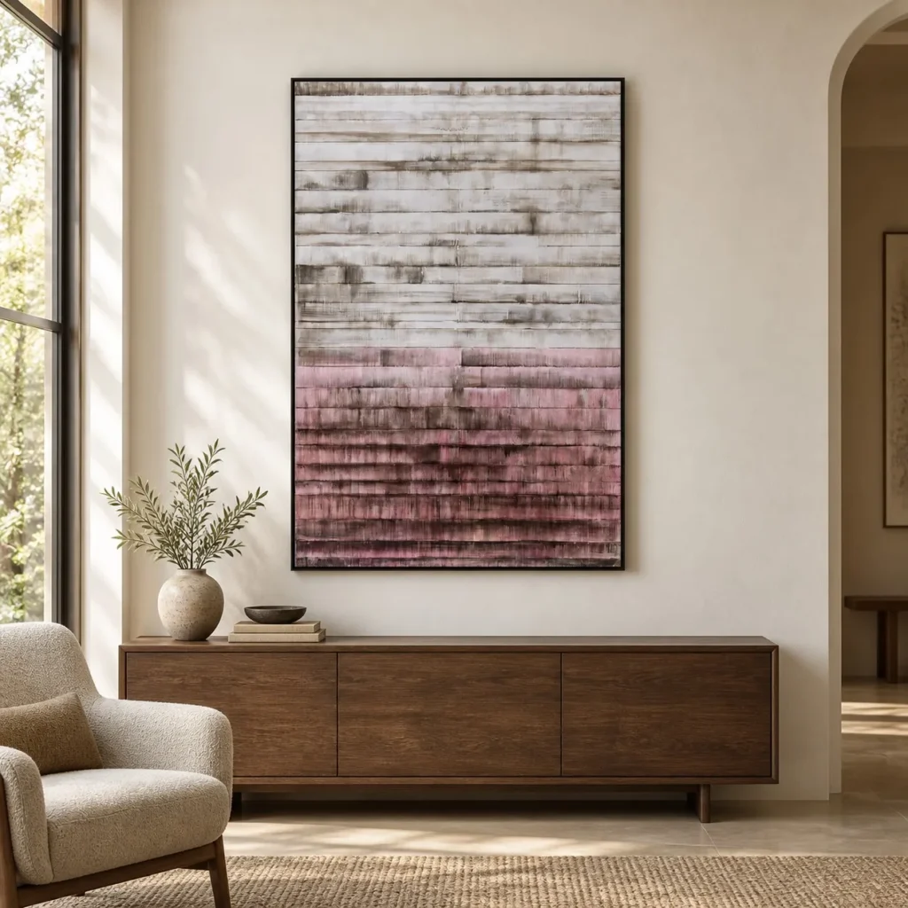 Weathered Stripe Relief in Grey and Rose, 100 x 140 cm — front view