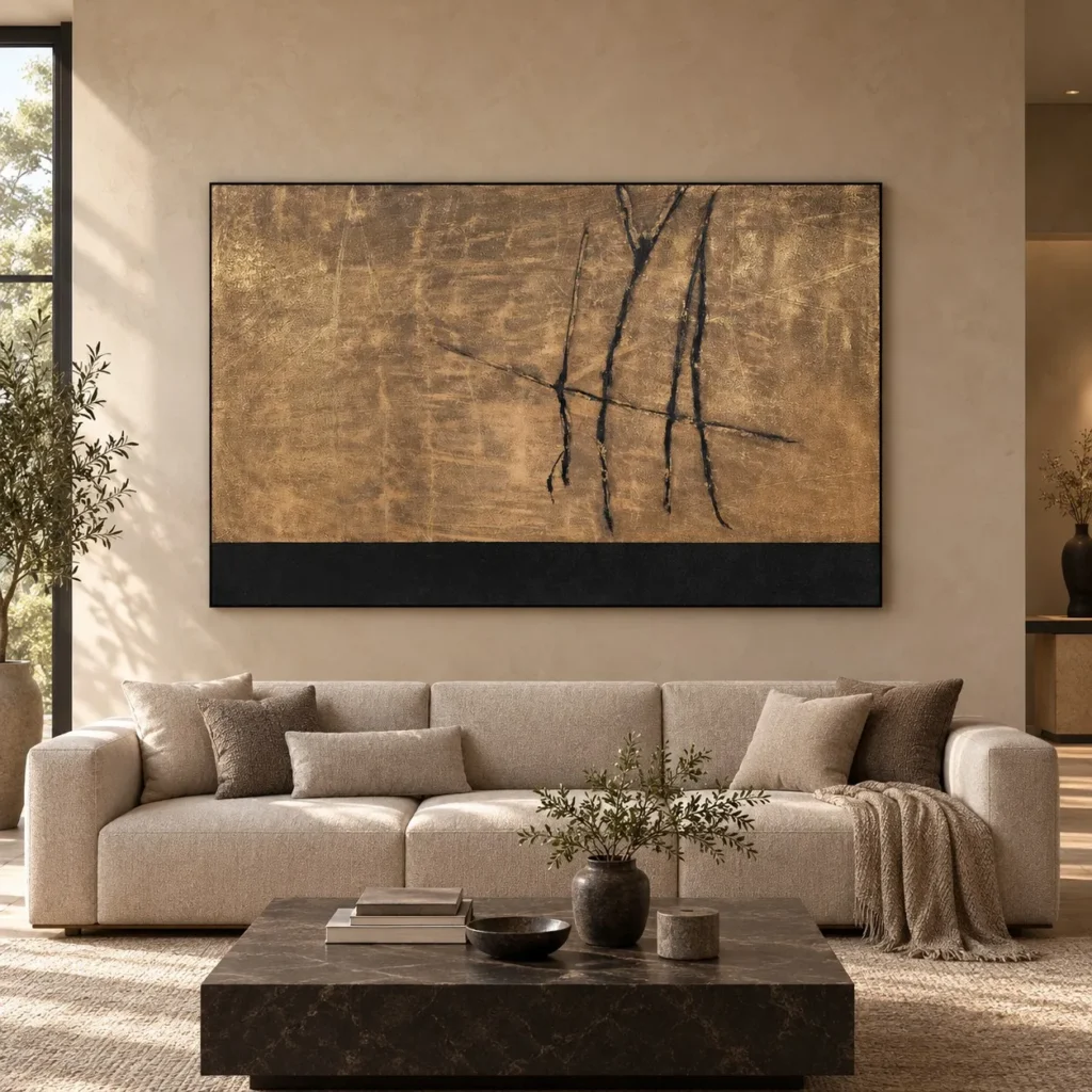 Wide Gold Scratched Panel with Black Base, 180 x 115 cm in brushed brass — front view