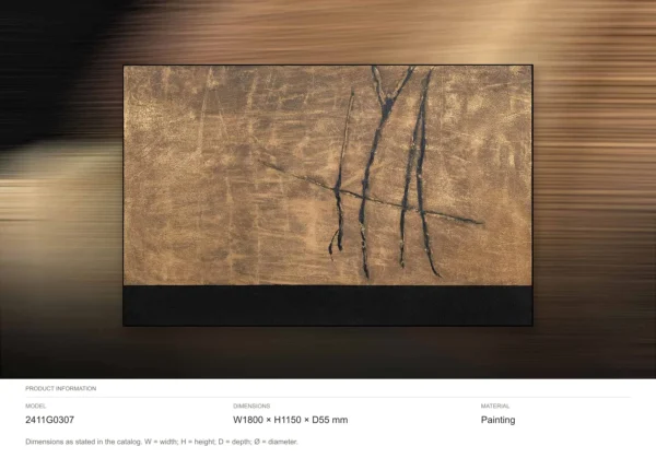 Wide Gold Scratched Panel with Black Base, 180 x 115 cm in brushed brass — dimensions