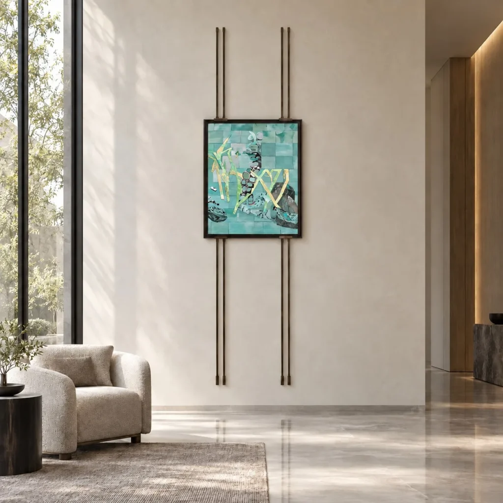 Small Teal Abstract on Tall Brass Rods, 59 x 210 cm in blue — front view