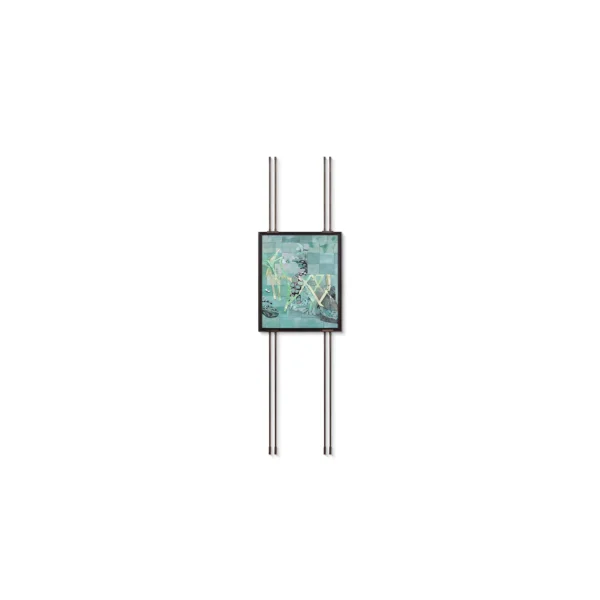 Small Teal Abstract on Tall Brass Rods, 59 x 210 cm in blue — in a room setting