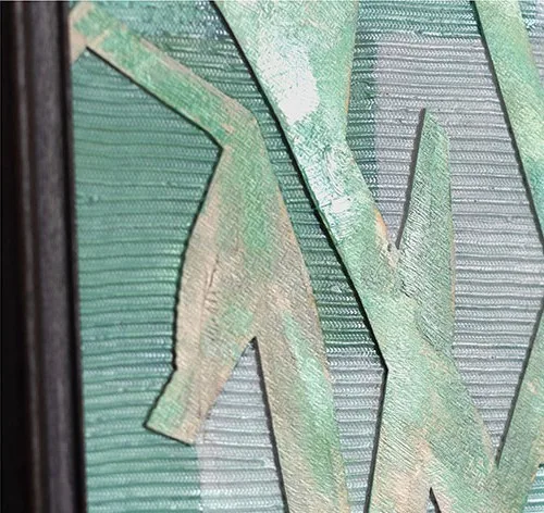 Small Teal Abstract on Tall Brass Rods, 59 x 210 cm in blue — detail