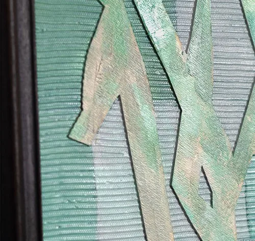 Small Teal Abstract on Tall Brass Rods, 59 x 210 cm in blue — detail
