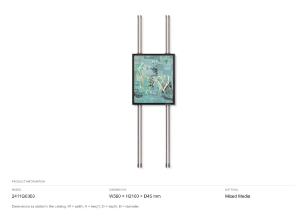 Small Teal Abstract on Tall Brass Rods, 59 x 210 cm in blue — dimensions
