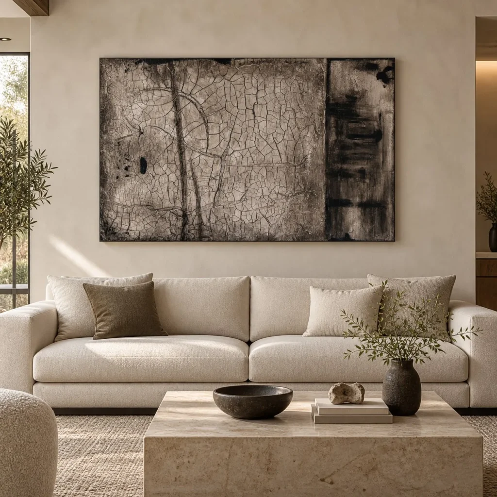 Wide Cracked Earth Wall Art in slate — front view