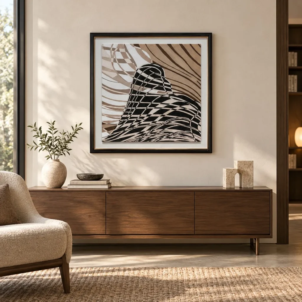 Black and Tan Wave Abstract in Black Frame, 75 x 75 cm — front view