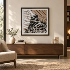 Black and Tan Wave Abstract in Black Frame, 75 x 75 cm — front view