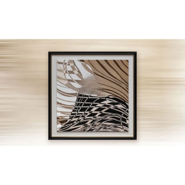 Black and Tan Wave Abstract in Black Frame, 75 x 75 cm — in a room setting