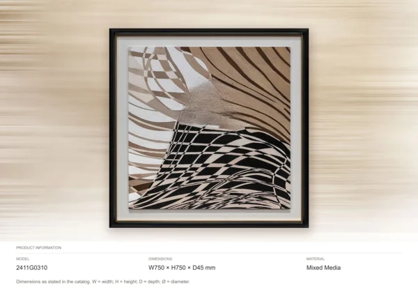 Black and Tan Wave Abstract in Black Frame, 75 x 75 cm — dimensions