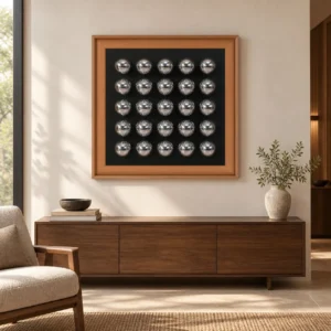 Silver Dome Grid in Tan Leather Frame, 80 x 80 cm — front view