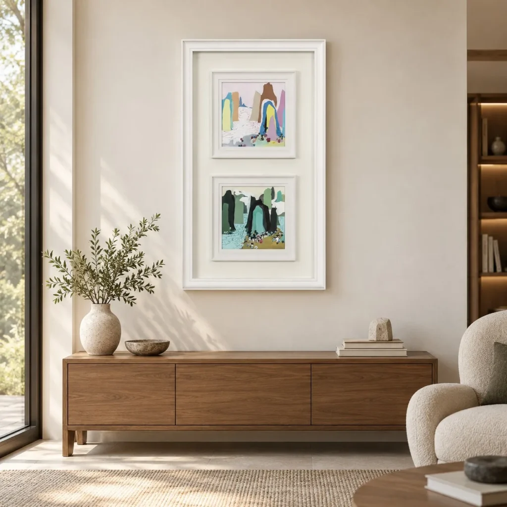 Tall Double Mount Abstract Prints in ivory — front view