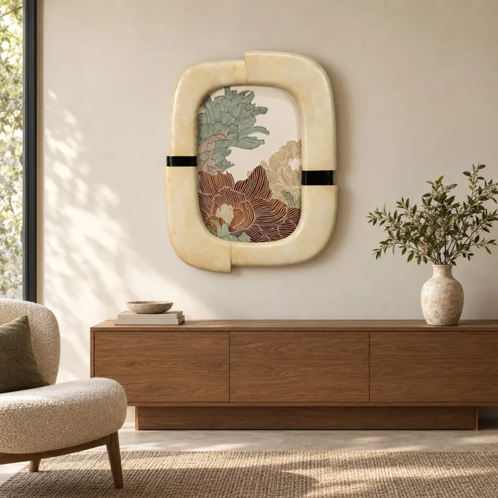 Sculpted Cream Frame Wall Art with Coral Bloom, 70 x 90 cm in oatmeal — front view
