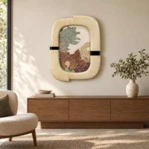 Sculpted Cream Frame Wall Art with Coral Bloom, 70 x 90 cm in oatmeal — front view