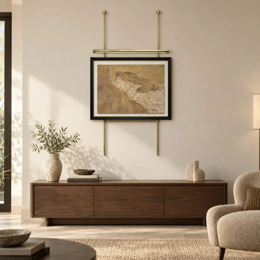 Metal Frame Gold Textured Art on Brass Rod, 75 x 138 cm in brushed brass — front view