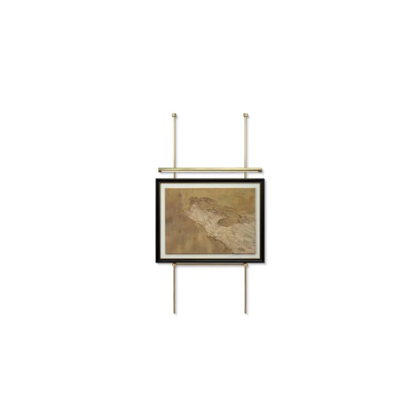 Metal Frame Gold Textured Art on Brass Rod, 75 x 138 cm in brushed brass — in a room setting