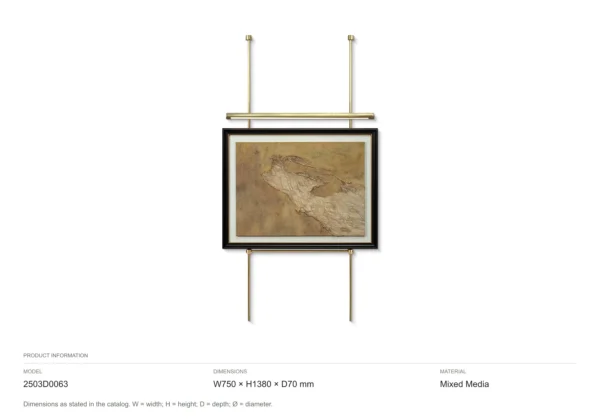 Metal Frame Gold Textured Art on Brass Rod, 75 x 138 cm in brushed brass — dimensions