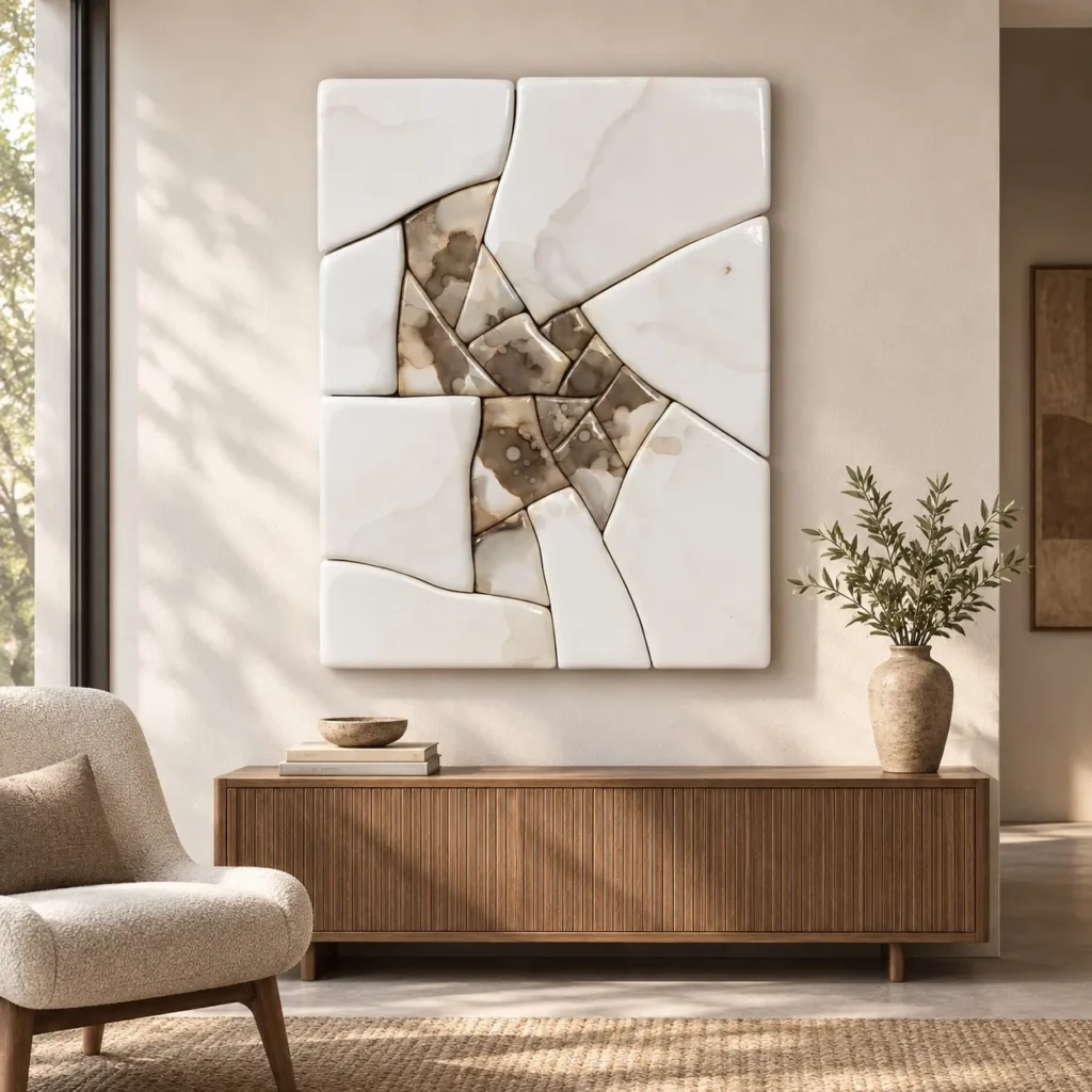 Cracked Glazed Tile Relief in White and Brown, 93 x 122 cm — front view