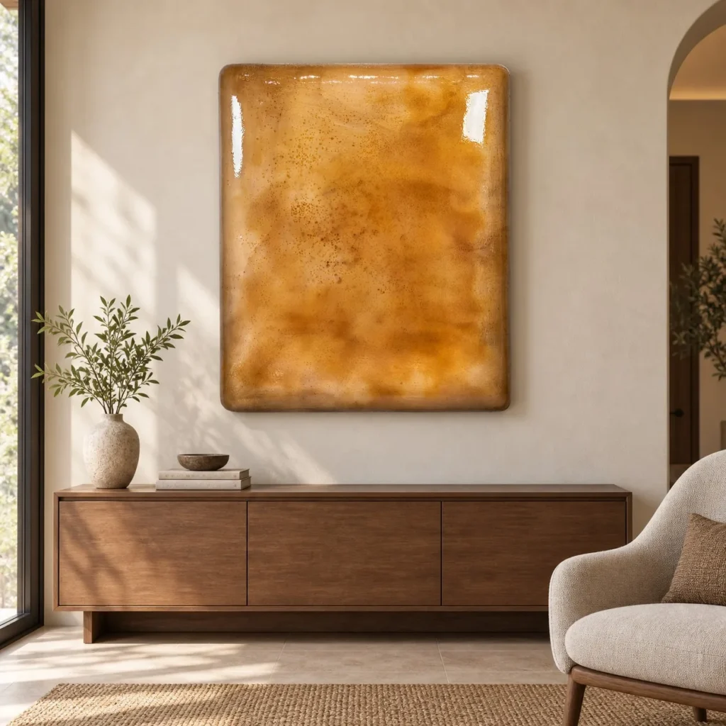 Amber Glazed Slab Wall Art, 100 x 120 cm in rust — front view