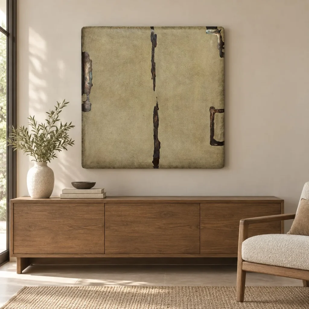 Olive Glazed Slab with Rust Seams, 98 x 98 cm in olive — front view