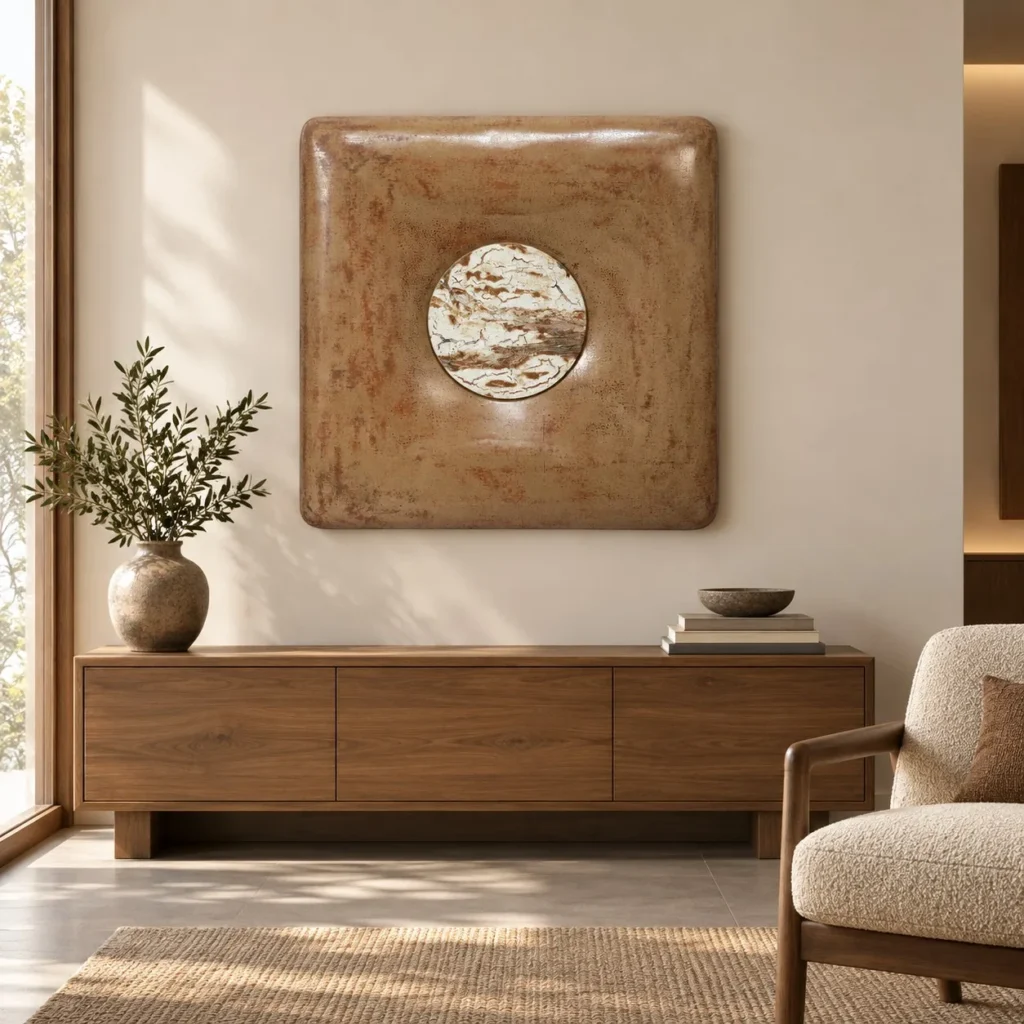 Rust Glazed Slab with Marble Moon, 80 x 80 cm in rust — front view