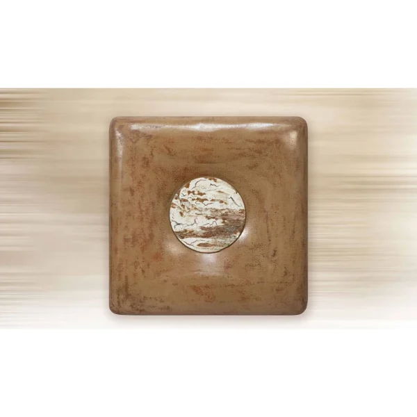 Rust Glazed Slab with Marble Moon, 80 x 80 cm in rust — in a room setting