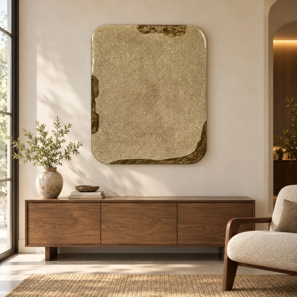 Sand Glazed Slab with Olive Edges, 100 x 120 cm in sand — front view