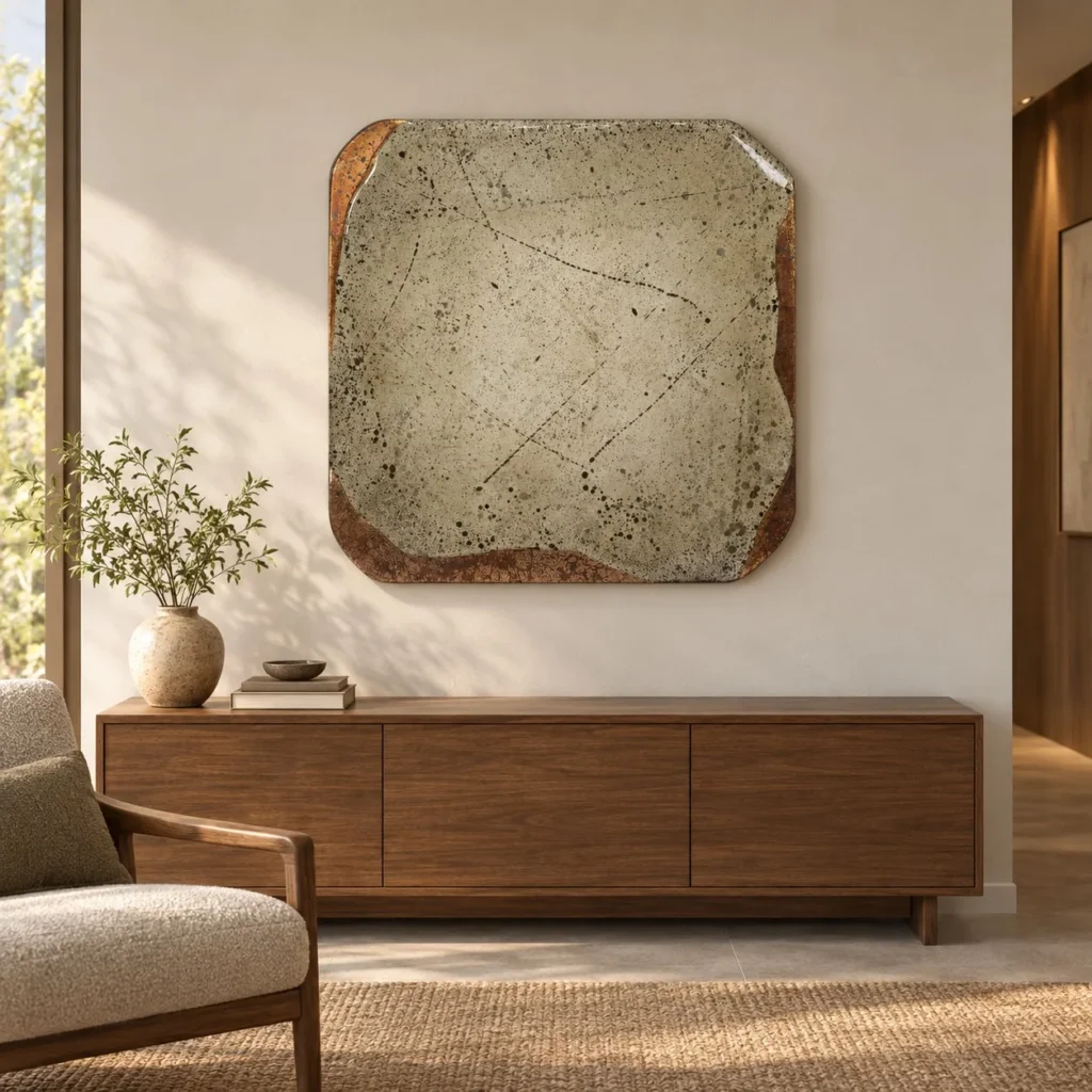 Pale Green Glazed Slab with Crackle and Rust, 100 x 100 cm in olive — front view