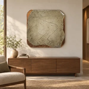 Pale Green Glazed Slab with Crackle and Rust, 100 x 100 cm in olive — front view