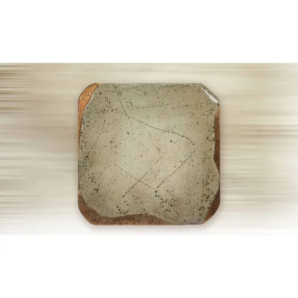 Pale Green Glazed Slab with Crackle and Rust, 100 x 100 cm in olive — in a room setting