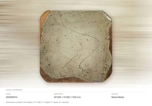 Pale Green Glazed Slab with Crackle and Rust, 100 x 100 cm in olive — dimensions